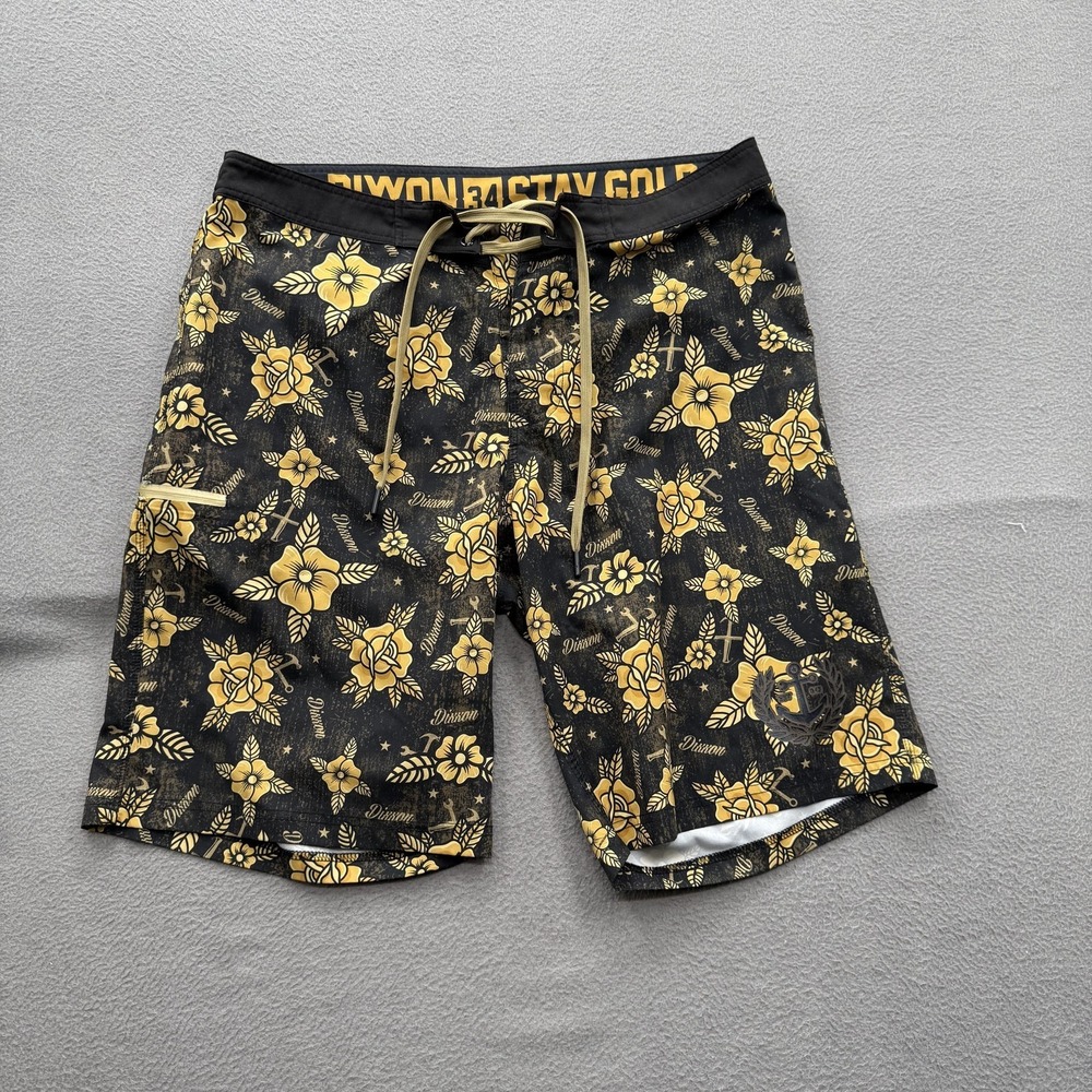 Dixxon Stay Gold Board Shorts Mens 34 Black Hawaiian Floral Swim Trunks Beach